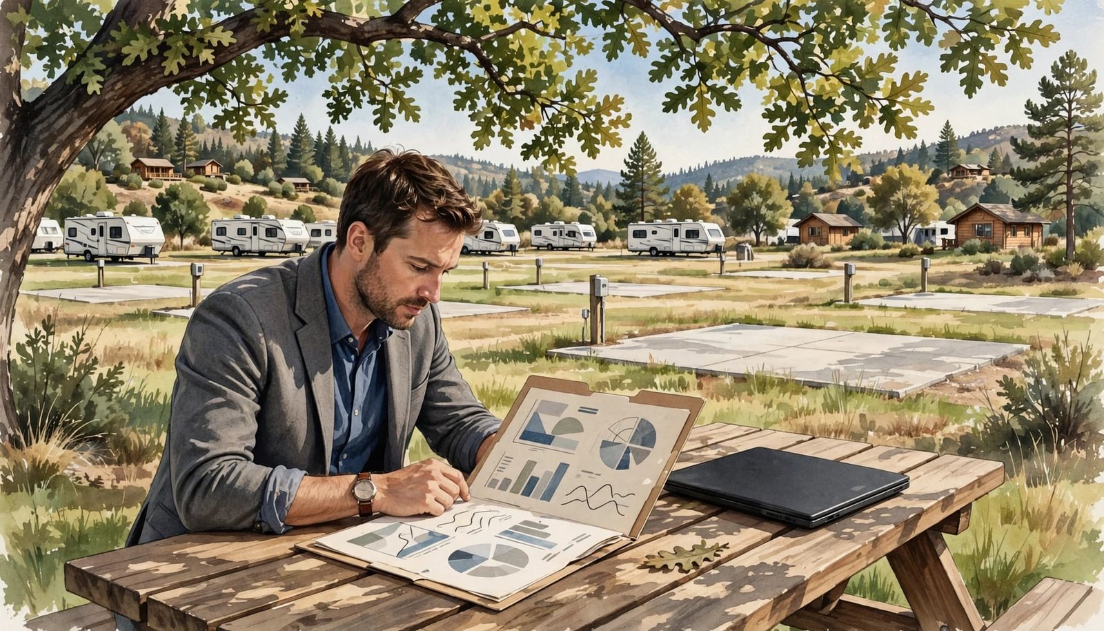 A man reviewing financial charts in a folder at an outdoor picnic table in an RV park.