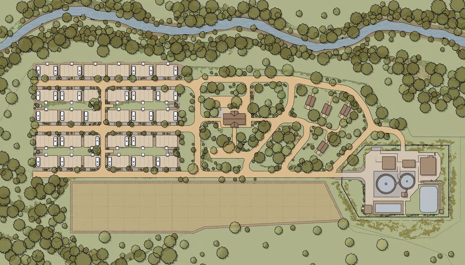 An aerial site plan illustration of a campground with RV pads, cabins, internal roads, and a creek.