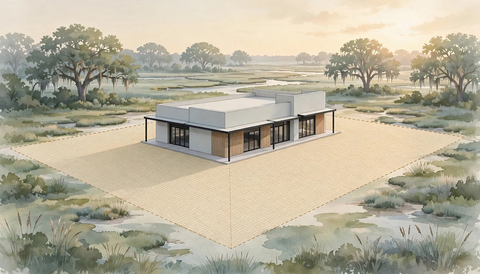 An architectural illustration of a modern single-story building on a paved parcel in a marshland landscape.