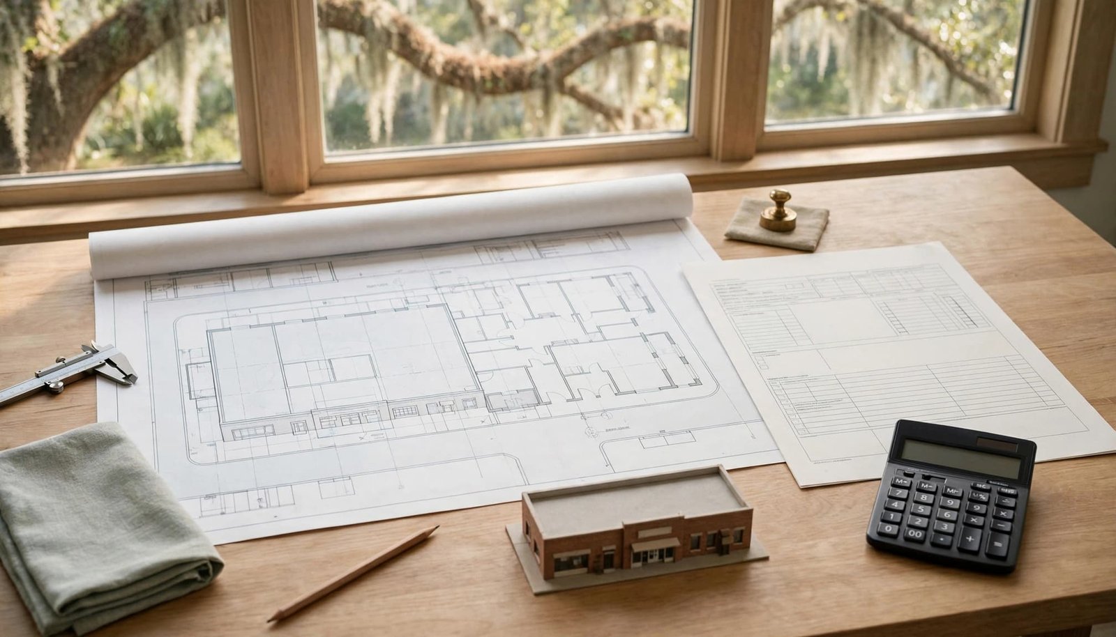 Architectural plans, a calculator, and a small building model on a wooden desk.