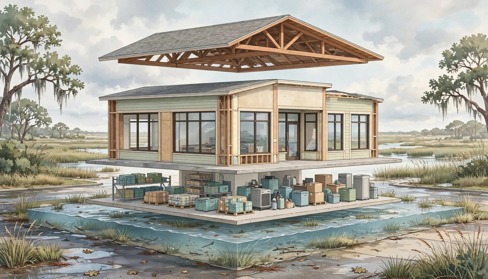An illustrative cutaway of a commercial building showing layered property and floodwaters below.
