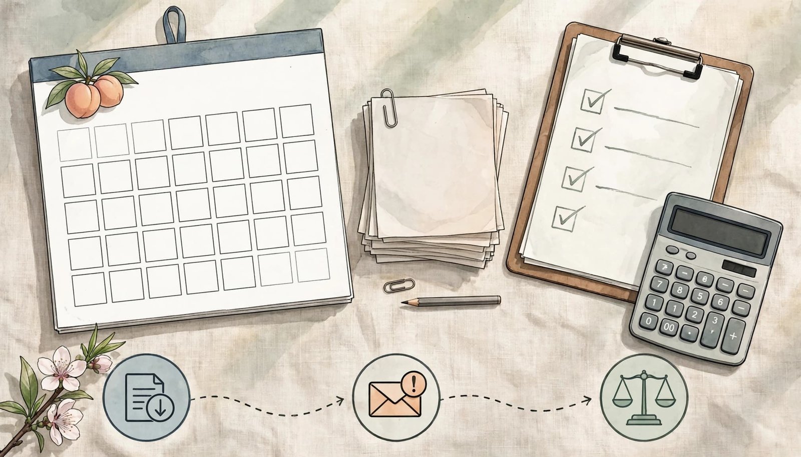 An illustrated top-down view of a calendar, papers, a clipboard, a pencil, and a calculator.