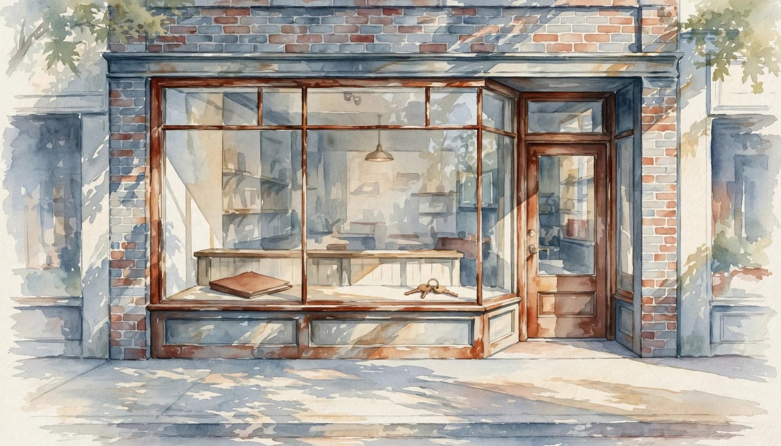 Watercolor illustration of a storefront with a closed folder and keys on the counter.