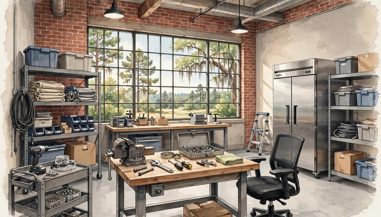 An illustrated workshop featuring shelving units, workbenches with tools, a commercial refrigerator, and an office chair.