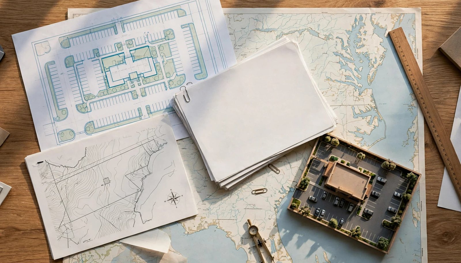 An overhead view of architectural plans, maps, documents, and a scale model on a wooden table.