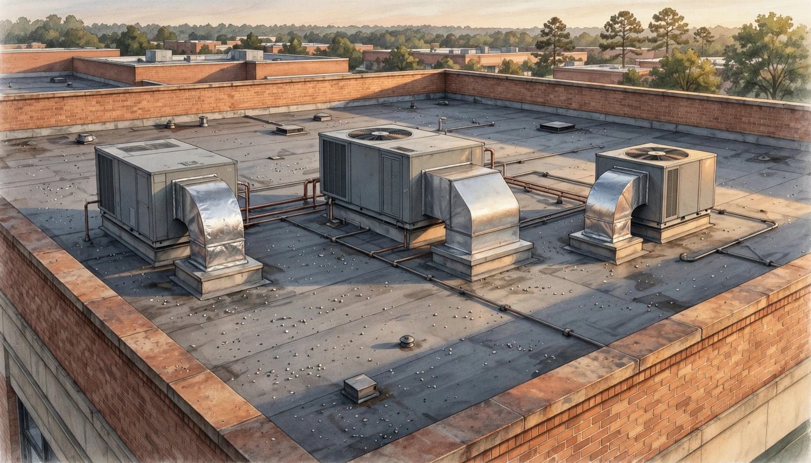 Editorial illustration of rooftop HVAC units on a commercial building at sunset.