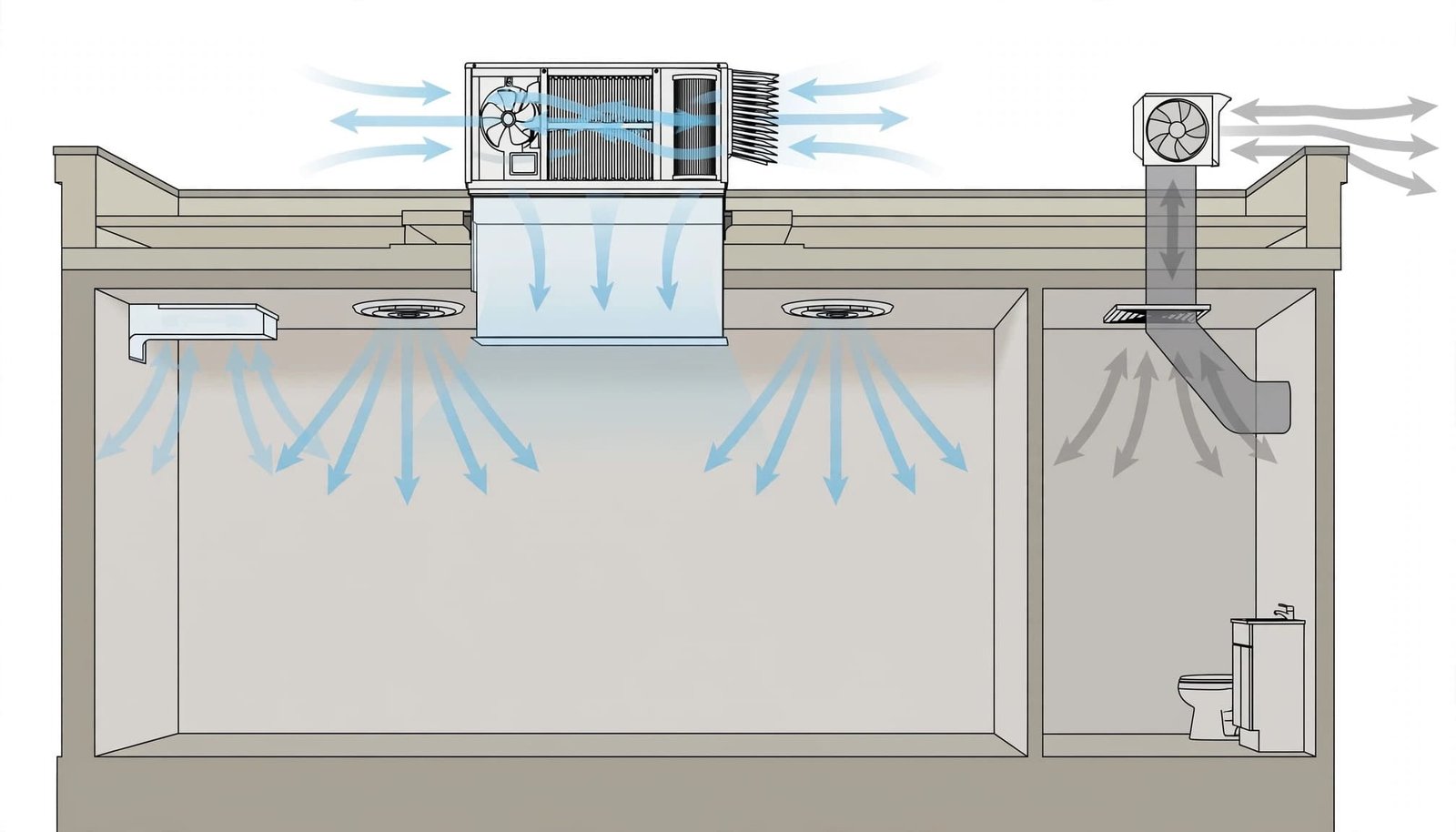 Cutaway architectural diagram of a commercial space showing HVAC airflow paths.